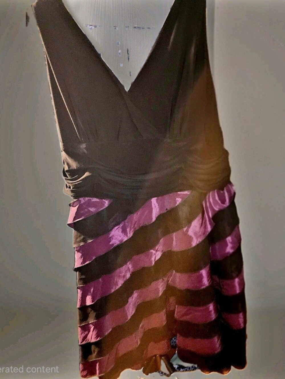 S.L. Fashions Black/Purple Striped Satin A-Line V-Neck Ruched Dress 24W